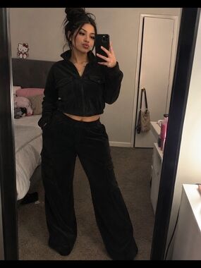 Women's Black Wide-Leg Cargo Jumpsuit Pants Set